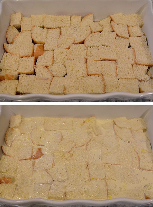 Cubed up french bread in a pan on top of a picture of the bread soaked in egg.