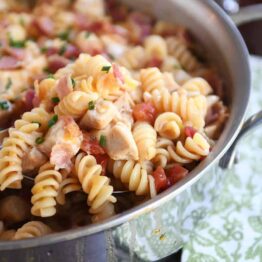 Monterey BBQ chicken pasta in a big skillet.